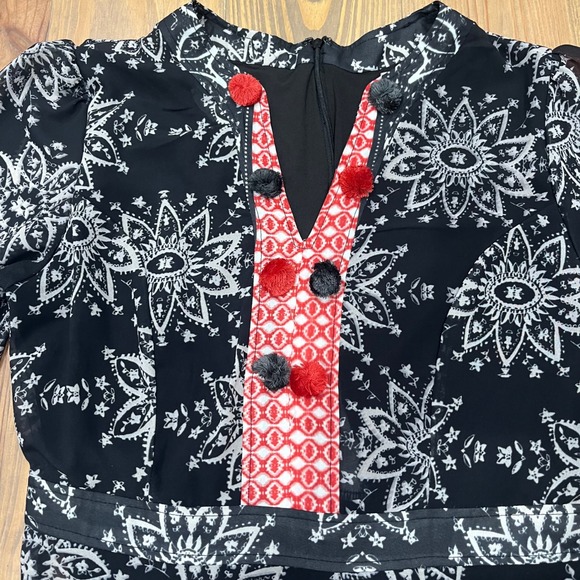 Sheryl‎ Crow Maxi Dress Black White Red Long Sleeve V Neck Boho Festival sz 10 - Picture 4 of 13